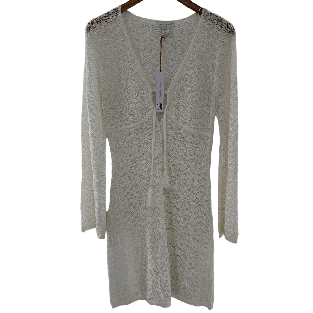 House Of Harlow1960 White Crochet Long Sleeve Tie Front V-neck Mini Dress Size M